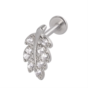Surgical steel internal thread piercing stud with sparkling crystal leaf design