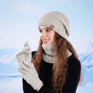 Three-piece winter knit set with beanie, neck warmer and gloves in light grey melange
