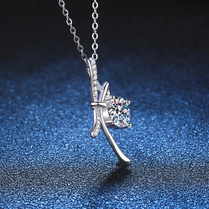 S925 sterling silver bow necklace with 1-carat moissanite pendant on elegant O-chain