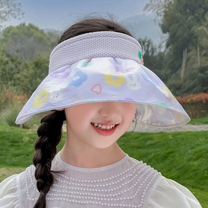 Outdoor shot of a girl wearing a purple wide-brim sun hat with cute rabbit floral patterns