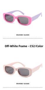 Detail view of pink and off-white rectangular polarized sunglasses for kids with grey lenses