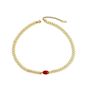 Retro gold stainless steel leaf chain necklace with red agate stone inlay for women