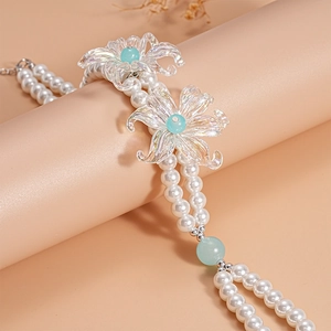 Double-layer pearl necklace with iridescent glass flowers and blue beads for women