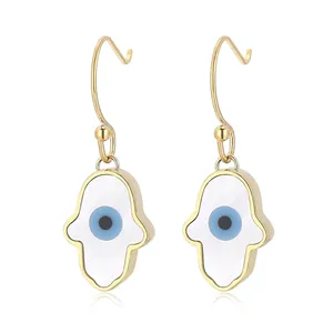 Hamsa Hand Evil Eye Hook Earrings Stainless Steel Shell Inlay Amulet Religious Protection Jewelry For Women