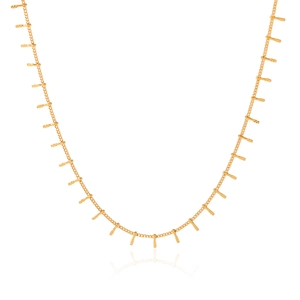 Detail of gold stainless steel chain featuring vertical bar charms and smooth polished finish
