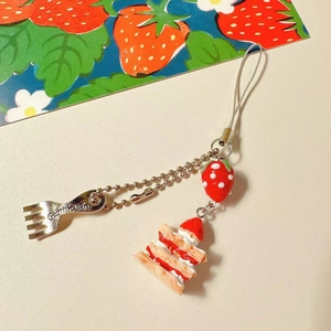Cute Strawberry Cake Resin Phone Charm With Metal Fork Pendant Sweet Beaded Bag Accessory Kawaii Decoration