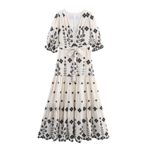 Women Bohemian V Neck Maxi Dress Ethnic Embroidery Lantern Sleeve Tiered Cake Skirt Waist Tie Vintage Resort Long Robe