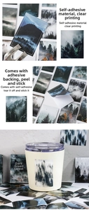 Detail of dark green forest stickers on a cup with high-quality landscape printing