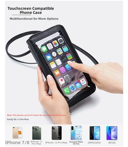 Detail view of black leather touch screen crossbody bag for smartphones up to 6.9 inches