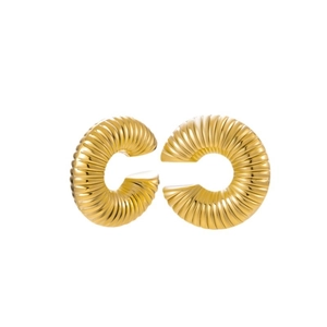 Minimalist gold-plated C-shaped earrings with spiral textured finish in stainless steel
