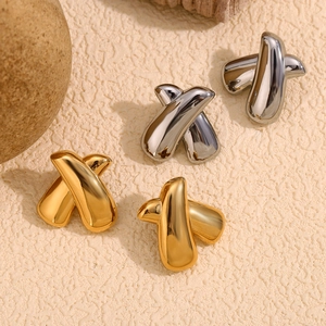 Polished 18K gold and silver geometric X-shaped stainless steel stud earrings