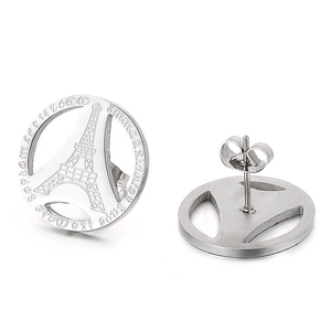 Custom silver round stud earrings featuring Eiffel Tower design and date engraving