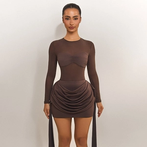 Detail view of brown long sleeve bodycon dress with mesh panels and ruched mini skirt detail