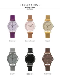 Matrix display of six stylish women's quartz watches with magnetic mesh straps in various colors