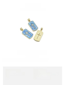 Detailed specs for 18K gold plated copper cross pendants with opal inlay and grid texture