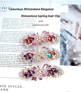 Detail of rhinestone butterfly spring hair clip set featuring colorful crystal accents