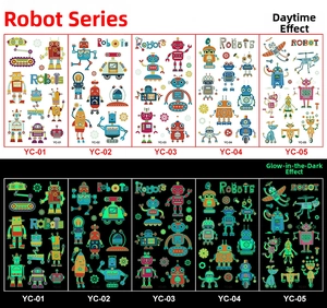 Robot glow-in-the-dark kids tattoo stickers showing day and night luminous effects