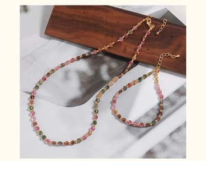 Detailed set of multi-color tourmaline beaded necklace and bracelet with gold lobster clasp