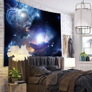 Cosmic galaxy tapestry with blue and purple star nebula for bedroom wall decor