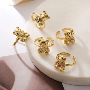 Adjustable Bear Ring Heart Shaped Zirconia Inlay Copper Gold Plated Cute Animal Jewelry For Women And Men