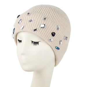 Beige ribbed knit beanie for women with colorful crystal embellishments and fleece lining