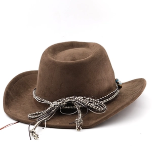 Brown suede western cowboy hat with woven beaded band and upturned brim for outdoor travel