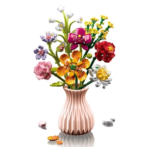 Colorful simulation flower building block bouquet with pink vase, educational toy