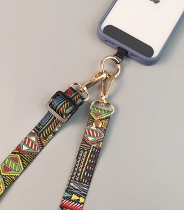 Detail of adjustable crossbody phone strap featuring colorful geometric woven patterns