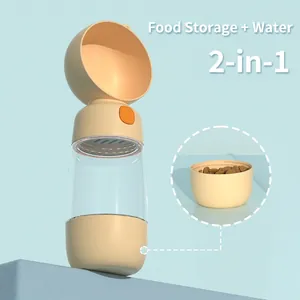 Portable 2-in-1 pet water bottle and food container with wide drinking trough for dogs
