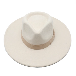 Classic cream wide brim wool fedora hat with elegant light brown ribbon decoration