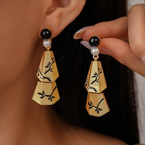 Geometric Drop Earrings With Imitation Artificial Pearl Branch Pattern Alloy 925 Sterling Silver Earring Post Vintage For Women