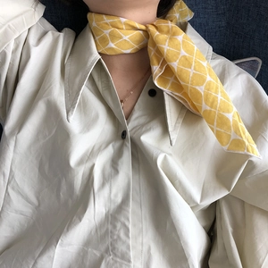 Japanese style yellow cotton linen square scarf with white geometric grid pattern