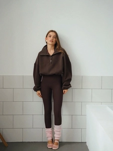 Oversize polo collar sweatshirt in dark brown with pink leg warmers and ballet shoes
