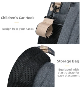 Detail of stroller hooks and elastic mesh storage pocket on the gray diaper backpack
