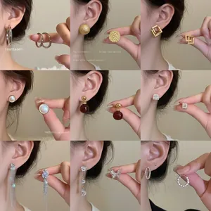 Vintage Geometric Artificial Pearl Alloy Earrings With 925 Sterling Silver Earring Post Zircon Flower Square Elegant Jewelry Women