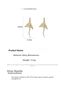 Detailed size specifications for gold fishtail tassel earrings with rhinestones