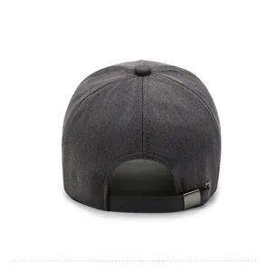 Rear view of charcoal grey baseball cap showing textured cotton and metal buckle adjustment