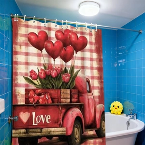 Close-up of Valentine bath curtain with red truck, tulips and white hooks for bathroom