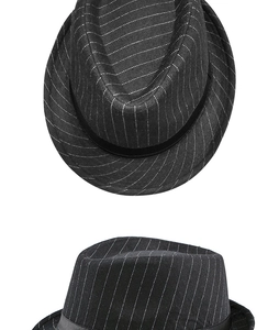 Detailed top and side views of a black pinstripe fedora hat with wool texture