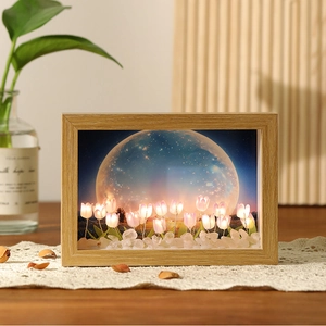 DIY Luce Notturna Tulipano Cornice Foto Legno LED Lampada Atmosfera Ornamento Scrivania Regalo Fatto A Mano