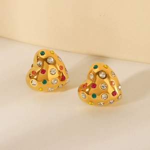 Polished 18K gold-plated heart stud earrings with vibrant multi-colored rhinestones