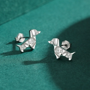 S925 sterling silver origami dachshund dog stud earrings with micro-pave diamonds