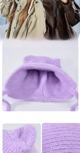 Detail of purple cat ear knit hat showing soft plush lining and thermal material texture