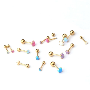 Golden stainless steel opal stud earrings in various colors with ball screw back design