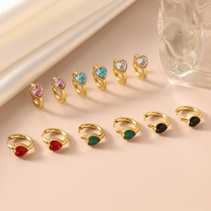 Gold plated hoop earrings featuring heart-shaped zircon in six vibrant colors set on satin