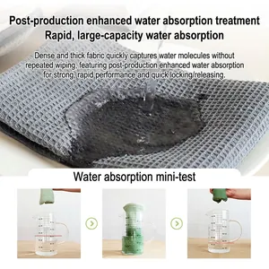 Absorbent cotton waffle kitchen towels in gray and light green with grid texture