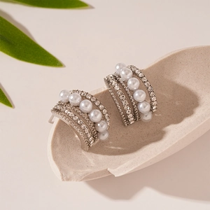 Orecchini A Lobo In Lega Con Strass Forma C Multistrato Con Perno In Argento Perla Artificiale Gioielli Eleganti Per Donna