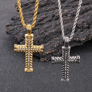 Collana Con Pendente A Croce Hip Hop Vintage Acciaio Inossidabile 316L Trama Corda Strass Gioielli Uomo