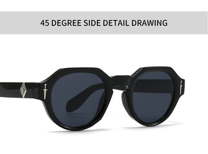 Detailansicht der schwarzen schmalen Fassung mit silbernem Metallkreuz an Retro-Sonnenbrille