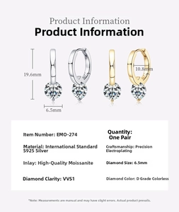 Detailed specs of S925 silver moissanite hoop earrings with dimensions and D-VVS1 stone details